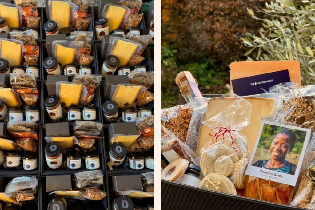Geschenkboxen von BeAdvanced und auch einen ganzen einzelnen Geschenkkorb in der Nahaufnahme